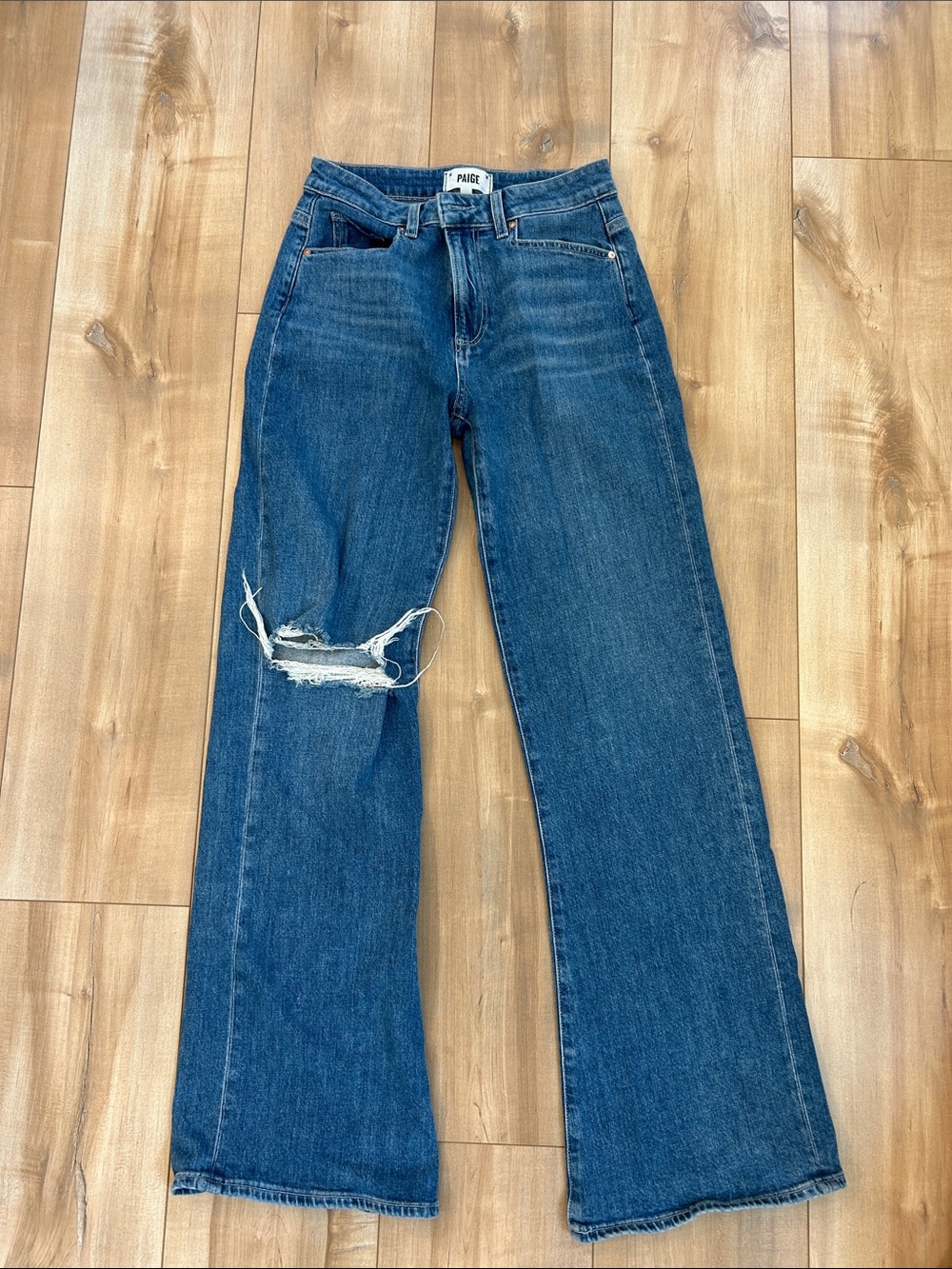 PAIGE Blue Flare Jeans with Knee Distress